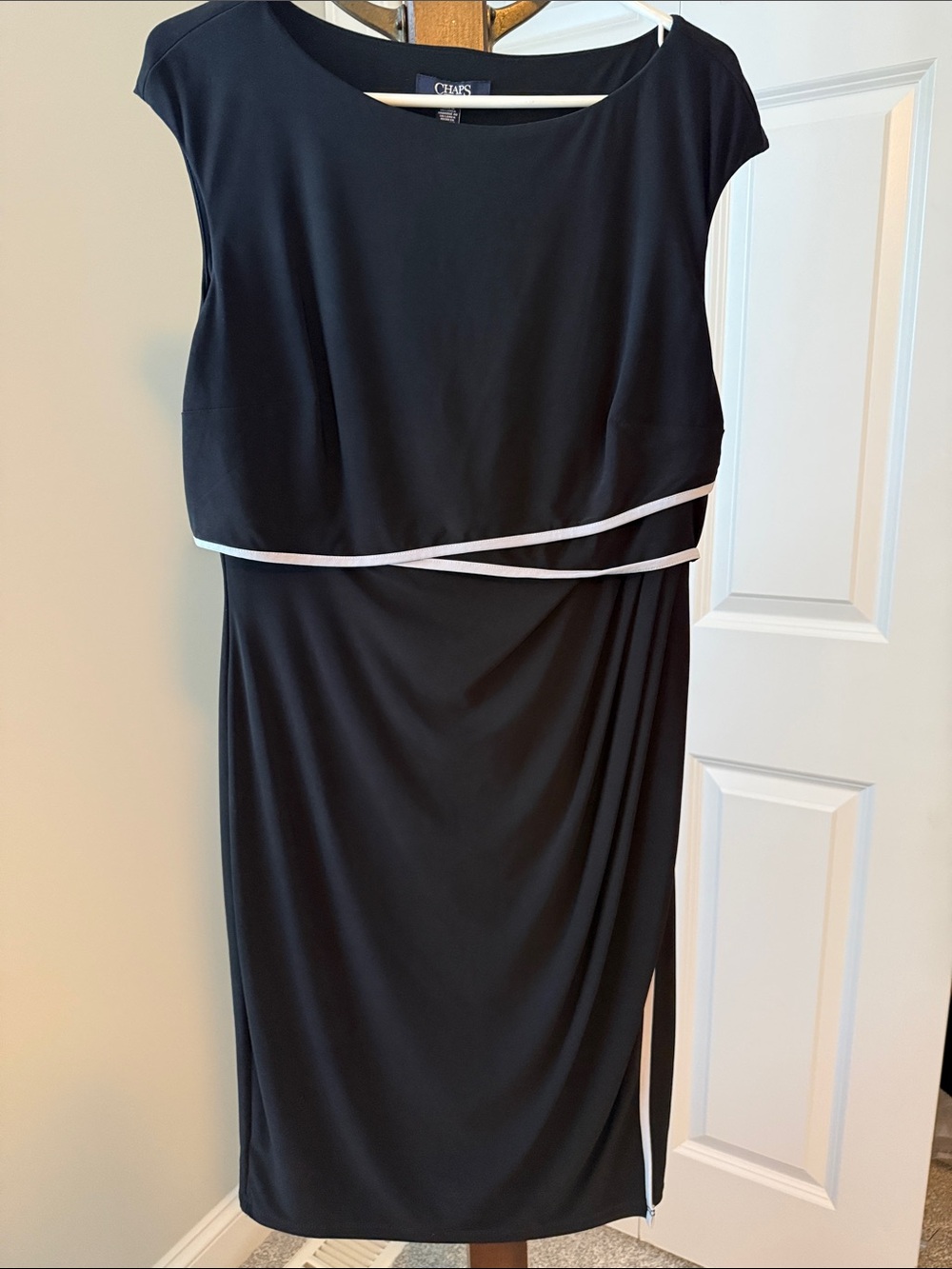 Chaps Black Midi Dress with Light Gray Trim Accent